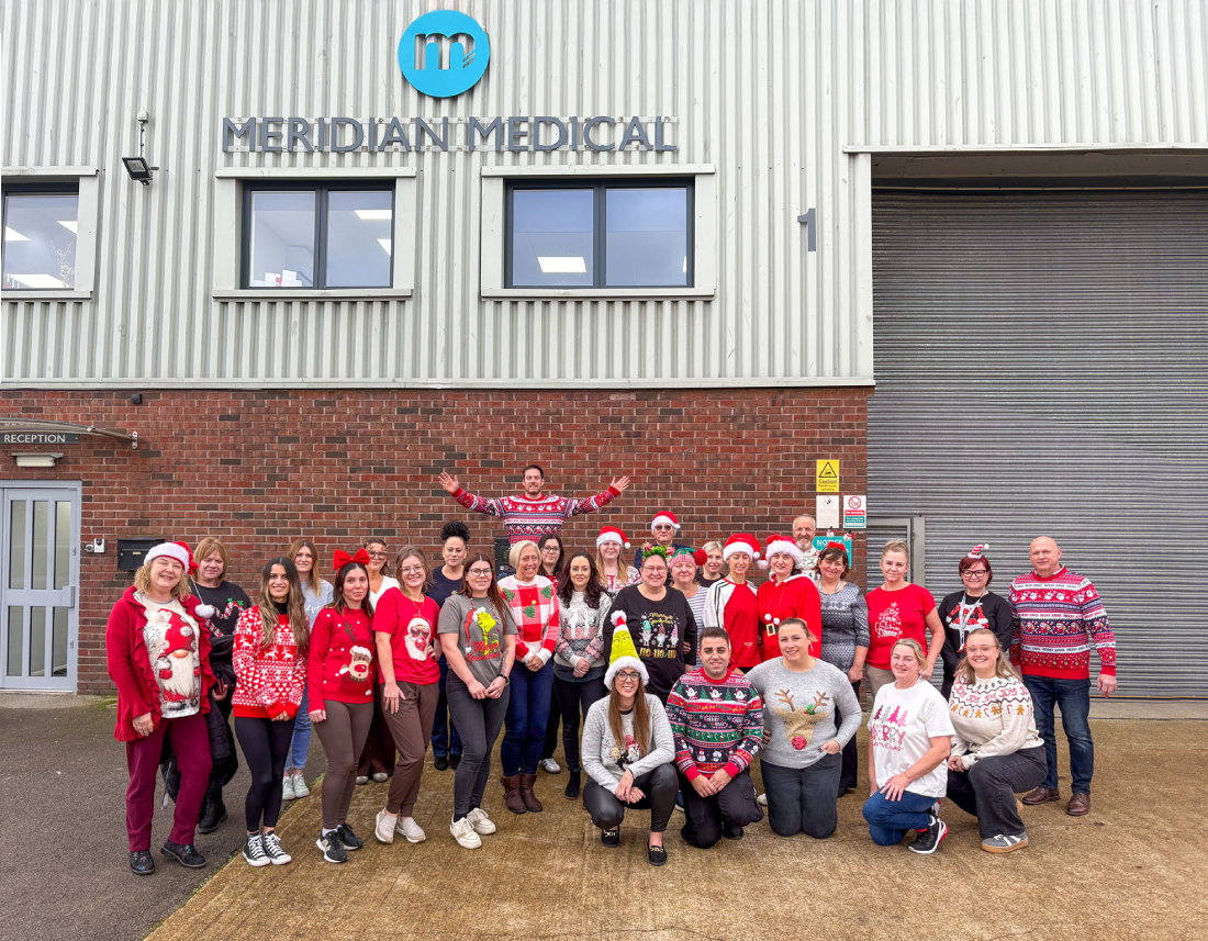 The team at Meridian Medical celebrating the end of another productive year in medical device manufacturing at their facility in Littlehampton, UK
