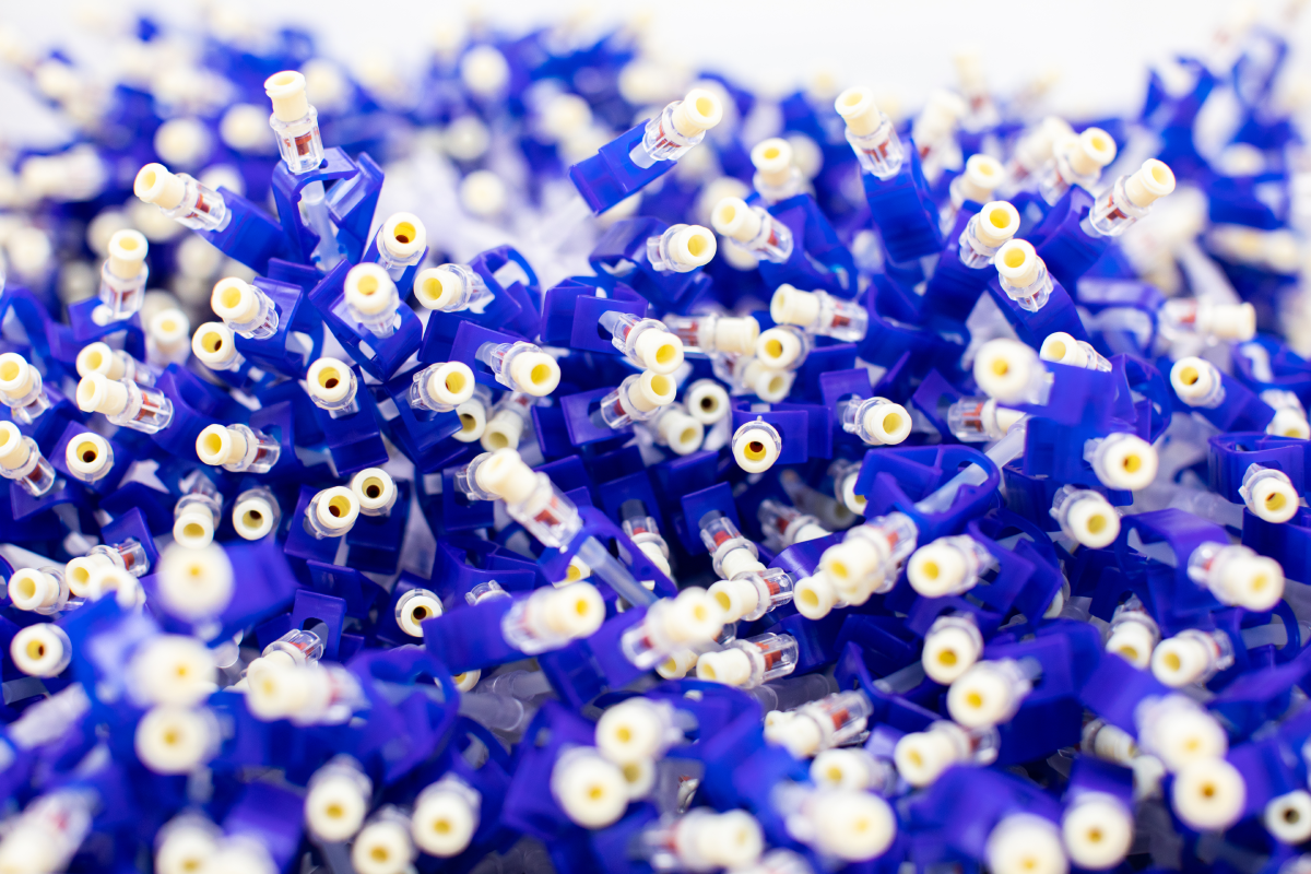 Close-up of single-use infusion tubing assemblies manufactured by Meridian Medical